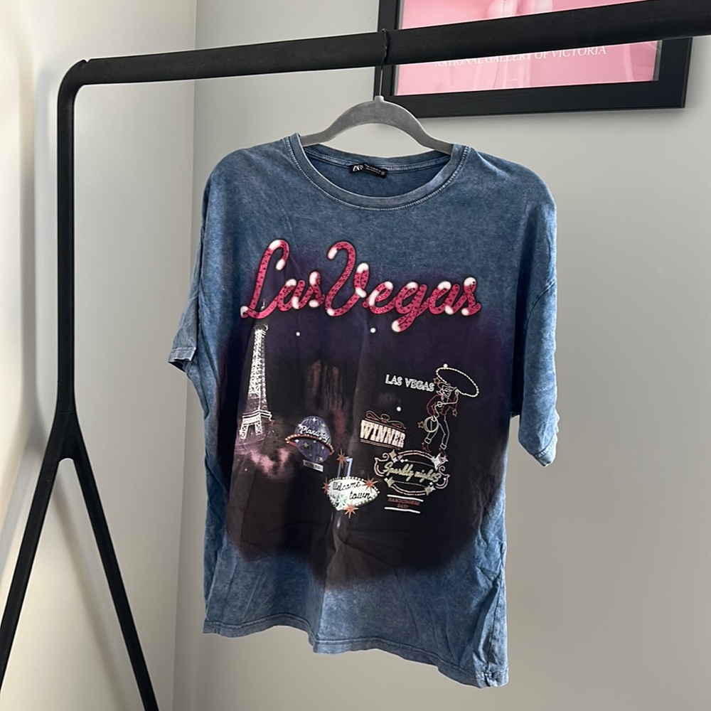 Zara Blue Short Sleeve Las Vegas Graphic Tee T-Shirt Size Medium